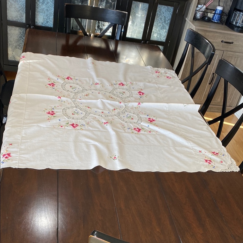 Gorgeous 47” Square Vintage Hand Embroidered & Crocheted Floral Blush Tablecloth